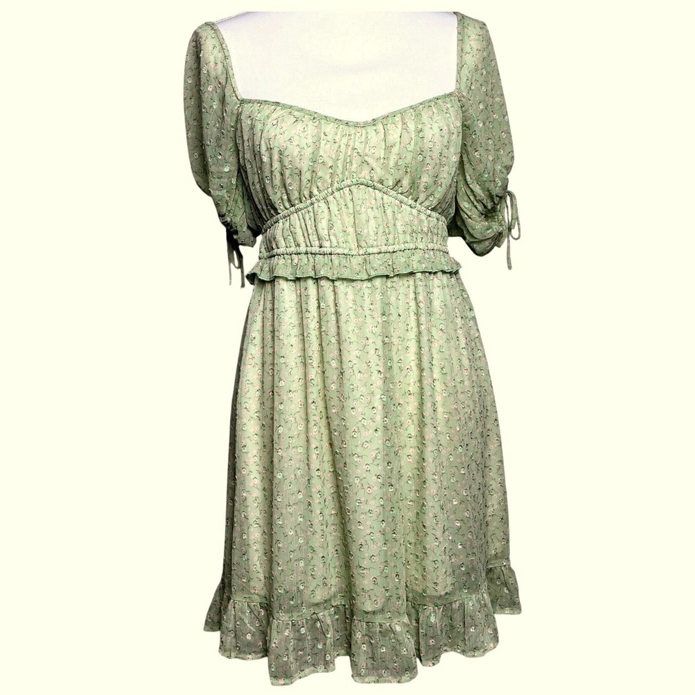 Lush Sage Green Cottagecore Ditsy Floral‎ Puff Sleeve Smocked Mini Dress Small